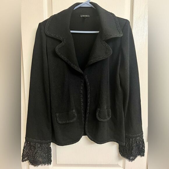 Escada Vintage Black Virgin Wool Evening Jacket French Lace cuffs Sz 44 Large - Picture 1 of 12